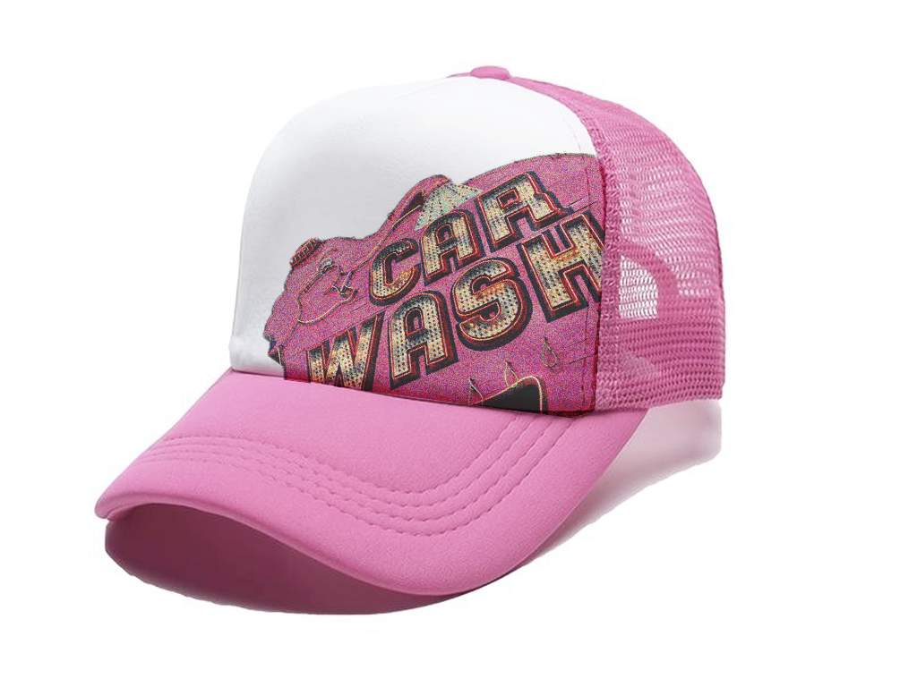 A pink trucker hat with the iconic Elephant Car Wash logo.