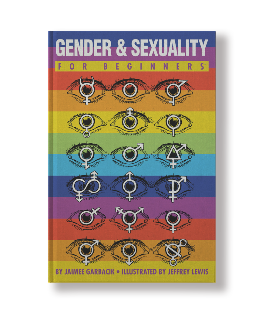 Thumbnail book cover for Gender & Sexuality For Beginners. A rainbow backdrop and hand-drawn eyes with variations of gender symbols.