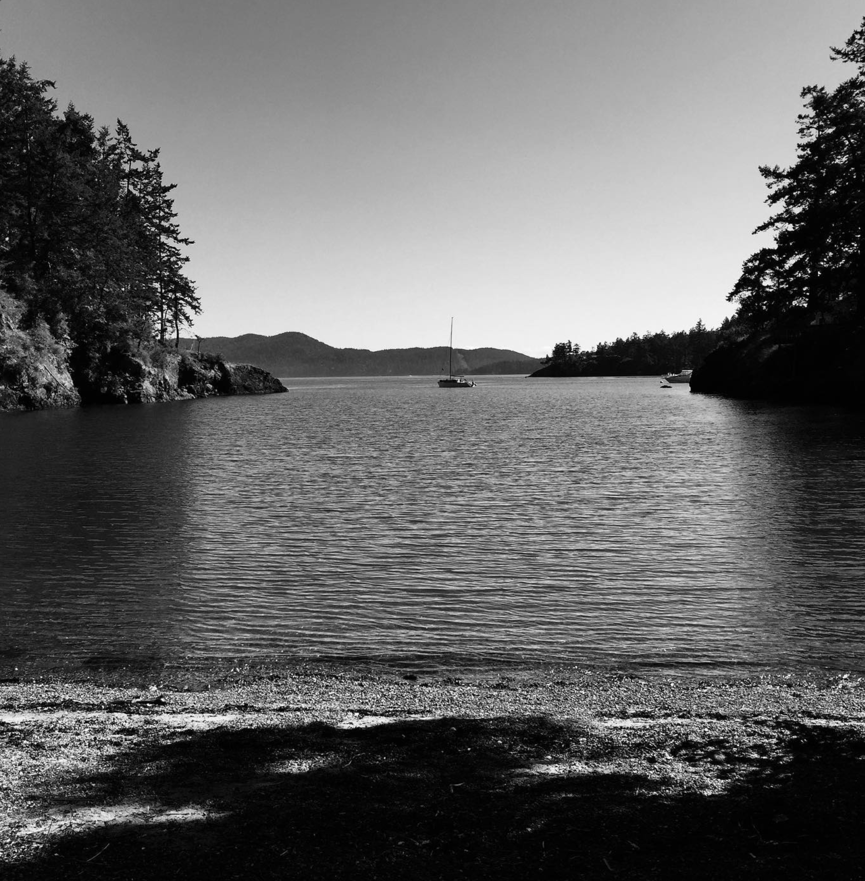 A view from the shore looking into lush islands and a sailboat on salt water.